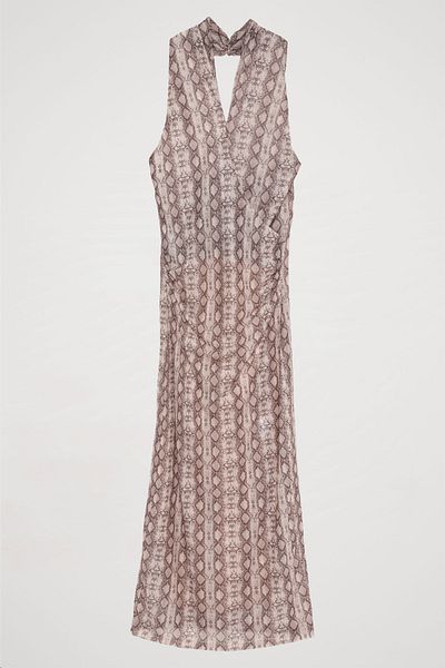 Quzu Beige Colored Halter Neck Gathered Tulle Dress