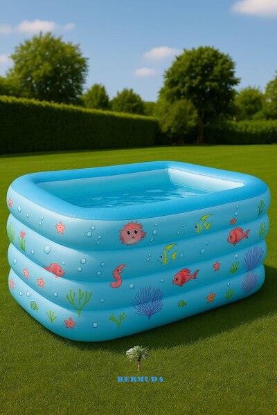 BERMUDA 4 Boğumlu Şişme Çocuk Havuzu – 140x100x70 Cm – Büyük Boy, Tabanı Şişen, Tahliyeli Balkon Havuzu