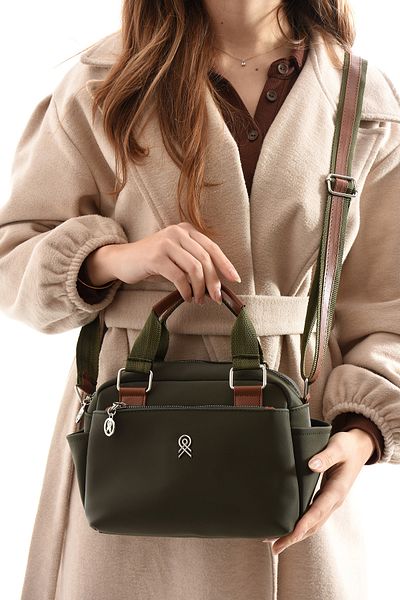 shalby Khaki 3 Compartment Design Bag with Exquisite Details 25X17X11 cm and Makeup Mirror