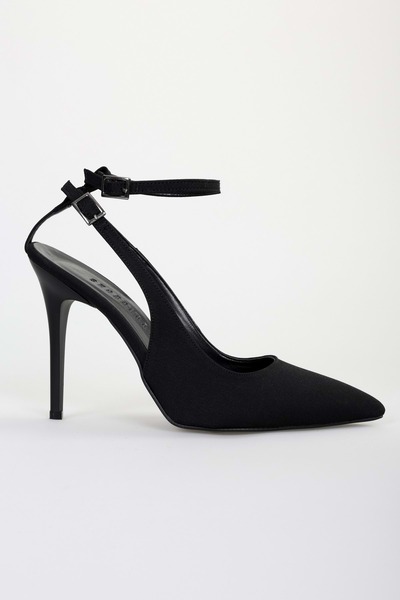 Shoeberry Women's Mila Black Zara Satin Belted Ankle Stiletto