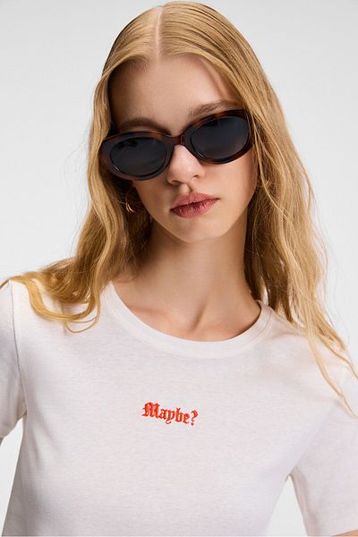 GRIMELANGE Zeraya Women's Crew Neck Short Sleeve Crop White T-Shirt with Embroidery Detail on the Front