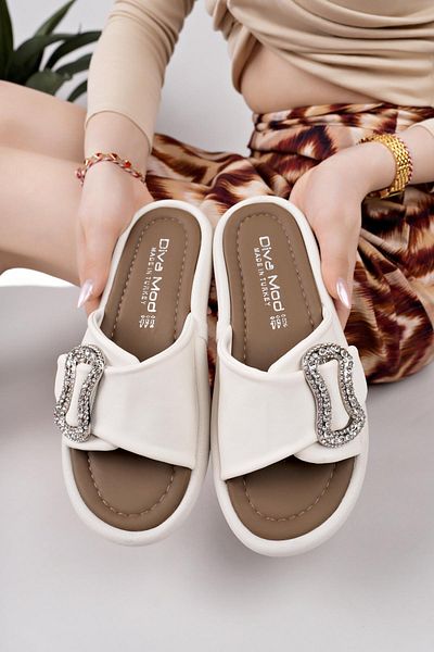 Nesil Shoes Dvm 033 Beige Brown Massage Sole Buckle Women's Slippers