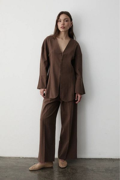 JASTE Women's V-Neck Hidden Button Top & Elastic Pants Linen Suit