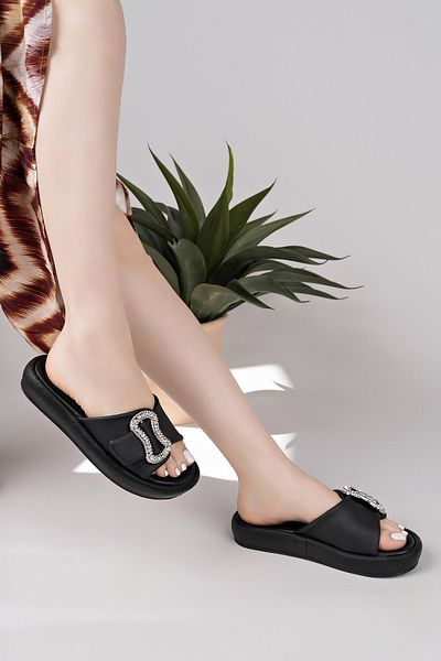 Nesil Shoes Dvm 033 Black Massage Sole Buckle Women's Slippers