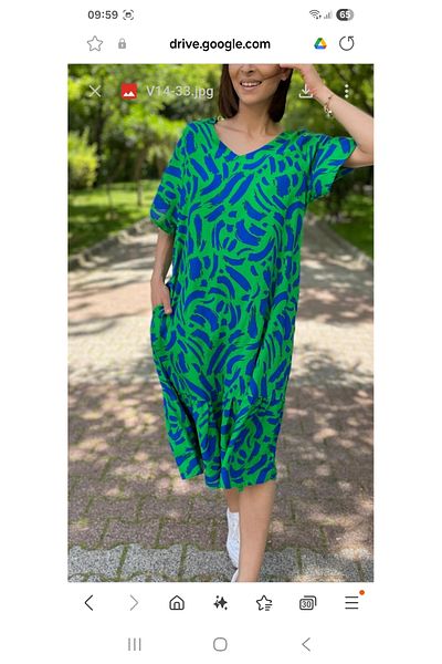 atelyu Women's Wide Cut Skirt Flounced Green Patterned Cotton Viscose Dress