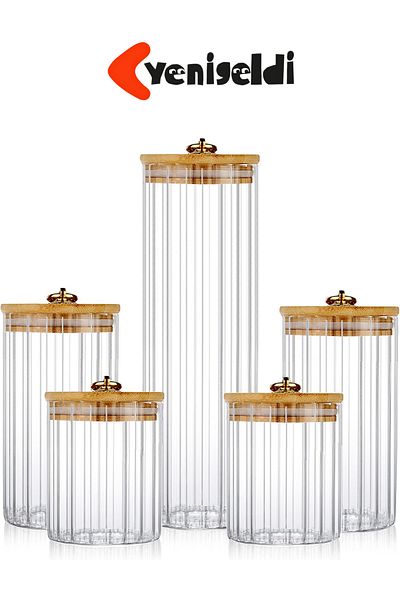 Yenigeldi 5 Pieces Glass Storage Container Set Small Medium Large Jar with Bamboo Lids Airtight Metal Rings