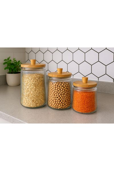 ENYAZA(2024) 3-Piece Bamboo Vacuum Lid Glass Tea Sugar Coffee Salt Pulses Storage Jar Storage Container
