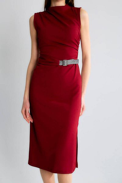 Robin Double Breasted Form Crepe Midi Dress with Stone Belt Detail