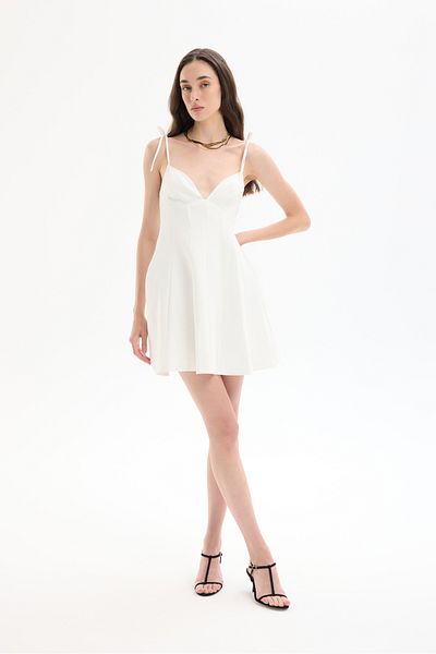 Quzu Heart Collar Tie-Up Mini Dress Ecru