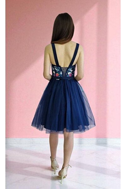 FİYPER Lacivert Çiçek Desenli Mini Abiye Ve Gece Elbisesi