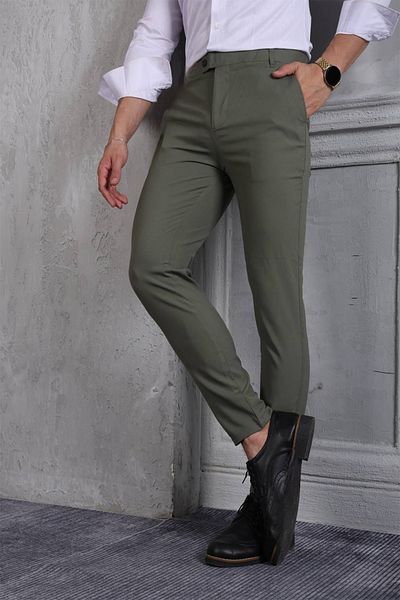 Bürke Men's Khaki Color Italian Cut Quality Flexible Lycra Ankle Length Fabric Trousers
