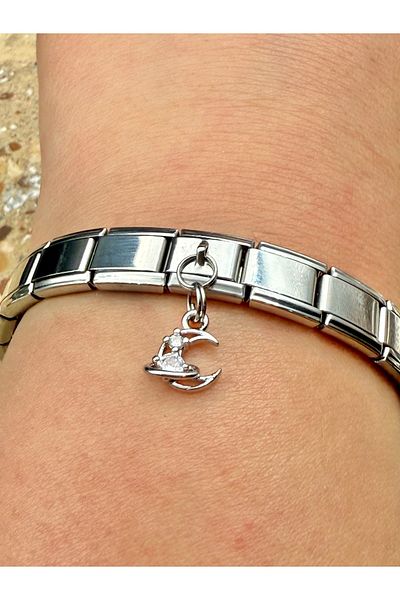 Snartun Zircon Stone Moon Steel Charm and Italian Steel Bracelet I Special Boxed
