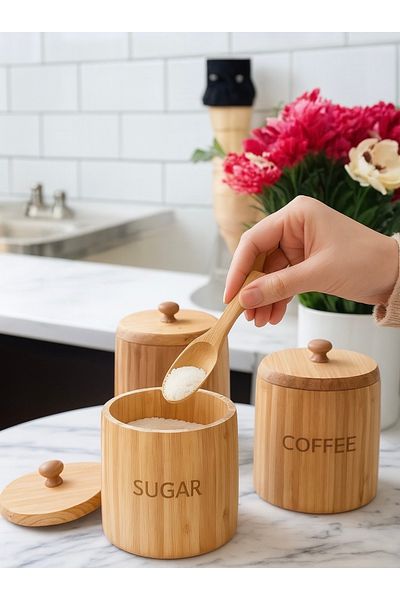 LUMİNA Premium Bamboo Spice Rack Set of 3 – 1200 ml Sugar Bowl, Tea Bowl, Coffee Bowl Jar Set