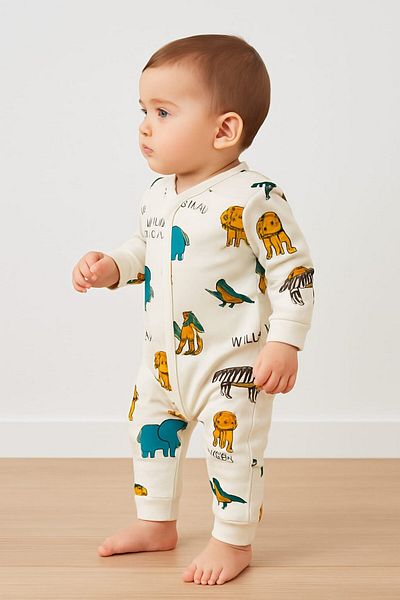 dinamik çocuk Baby Boy Safari Printed Snap Fastener Newborn Baby Romper 100% Cotton Flexible 1-3-6 Months