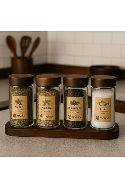 ENYAZA(2024) Set of 4 Acacia Glass Spice Shakers with Lid and Stand - Salt Shaker and Pepper Shaker with Labels Spice Set 120 ml