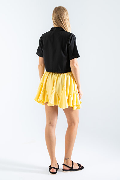 Space Fashion Sarı Beli Lastikli Mini Etek
