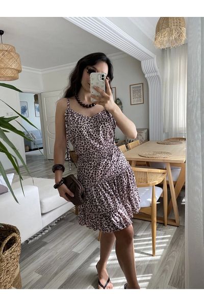 Silerra Rochie de damă cu bretele cu decolteu în V, cu model leopard, cu volane