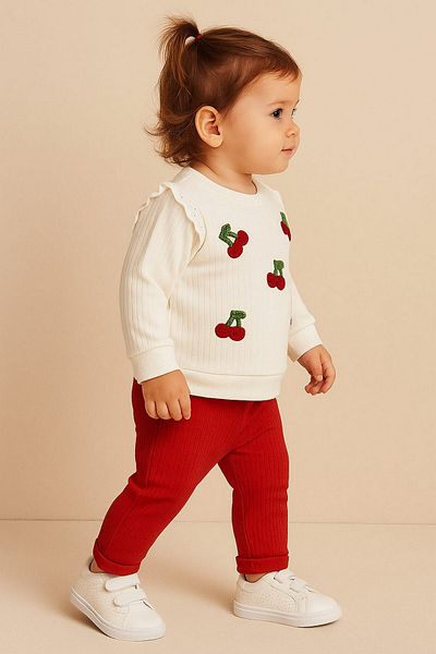 dinamik çocuk Baby Girl/Child Set - Cherry Embroidered Shoulder 2-Piece Top and Bottom Seasonal 6-9-12 Months