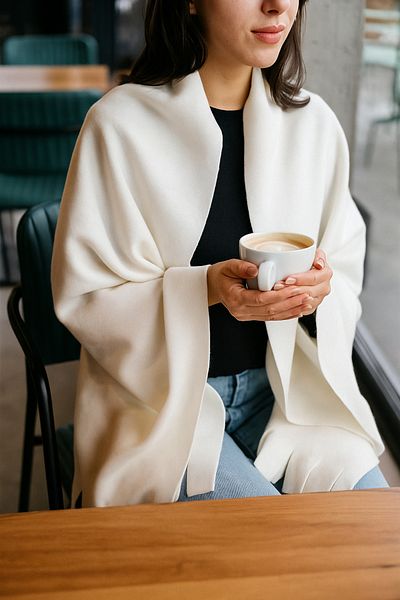 LinaByUgurr Cream Tasseled 60 cm Thick Winter Fleece Shoulder Shawl Soft Textured Shawl Cafe Restaurant Hotel Etc.
