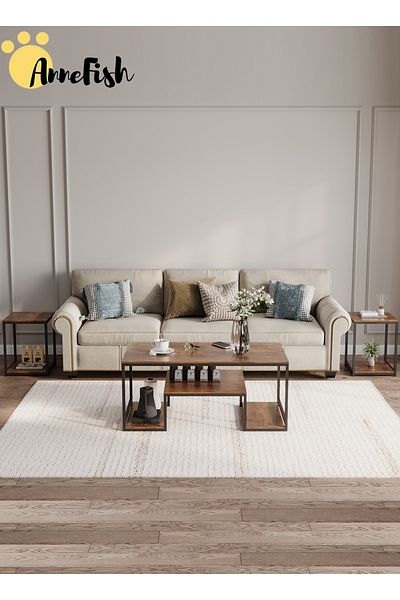 AnneFish 120*60*45cm 3pcs Coffee Table Set Side Table Double Layer Home Sofa Center Table For Living Room