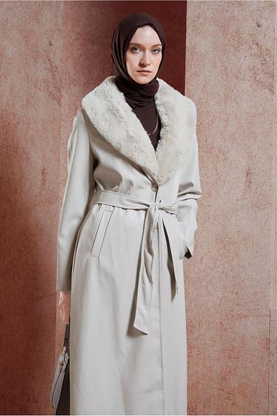 Alvina Fur Detailed Funnel Leather Trench Coat 10909