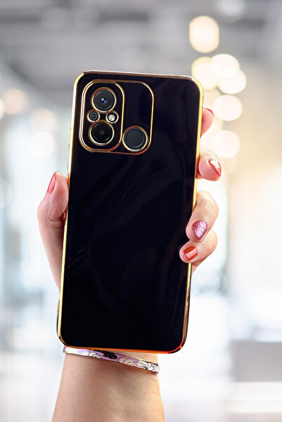 Fibaks Xiaomi Redmi 12C Kılıf Parlak Kenarlı Altın Işlemeli Kamera Korumalı Kapak