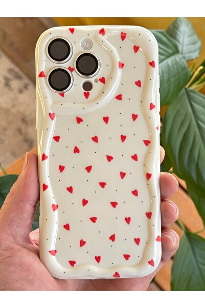 Fibaks iPhone 11 Pro Max Case Camera Protected Red Heart Pattern Silicone Cover with Wave Edge