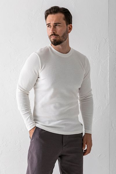 JB John Borners Men's White Crew Neck Slim Fit Stretchy Waffle Fabric Textured Long Sleeve T-Shirt - 5073-2