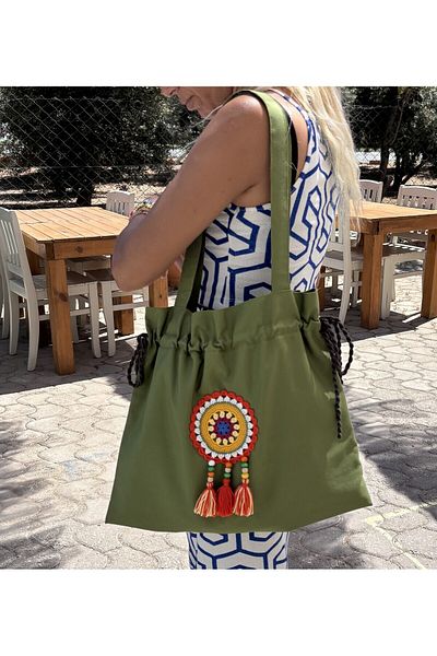 Handream Green Tote Cloth Shoulder Bag with Drawstring/Tassel Mandala Detail