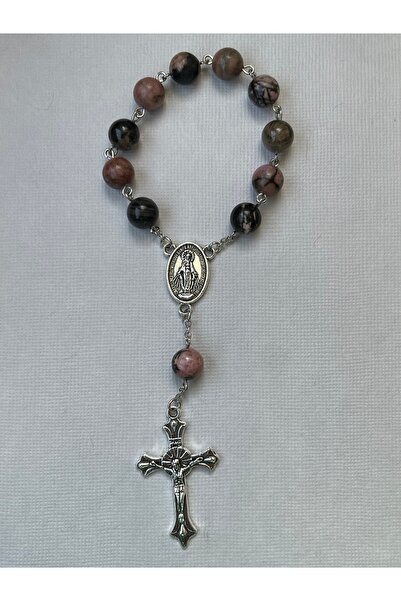 Yada Unique 8 Mm Doğal Rodonit Taşı Katolik Mini Hrıstiyan Rosary Tesbih
