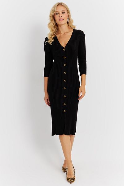 Cool & Sexy Rochie cămașă midi din tricotaje negre - YV274