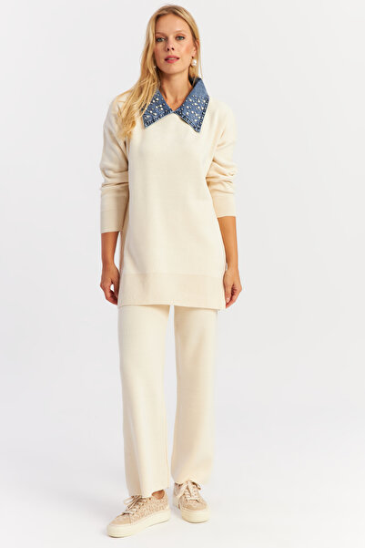 Cool & Sexy Ecru Denim Collared Women's Knitwear Set - Pearl Bottom and Top Set Nuv22