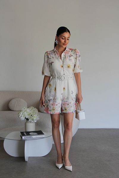 Julidress Floral Patterned Belt Button Detailed Lined Mini Premium Linen Jumpsuit