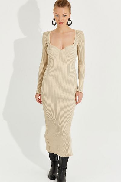 Cool & Sexy Rochie midi tricotaje de damă, vanilie, cu decolteu cu inimă YEL221385