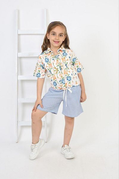 Yalçınoğlu Kids Girls Floral Print Shirt and Striped Shorts Set -Summer Girls Combination Poplin Shirt and Seersucker Shorts