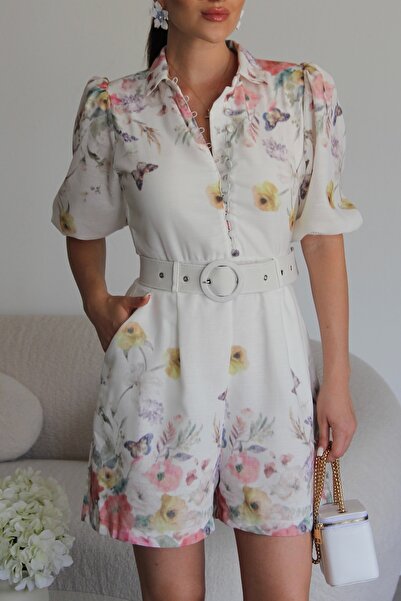 Julidress Çiçek Desenli KEMERLİ Düğme Detaylı Astarlı Mini Premium Keten Tulum
