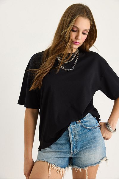 Bianco Lucci Women's 100% Organic Cotton Relaxed Fit Slit Round Neck T-Shirt 60602047