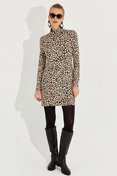 Cool & Sexy Női teve-fekete puha leopárd miniruha AYD253