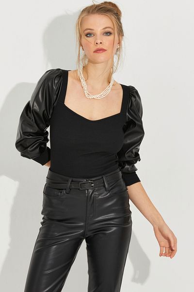 Cool & Sexy Bluză din piele cu mâneci negre pentru femei Yİ2494