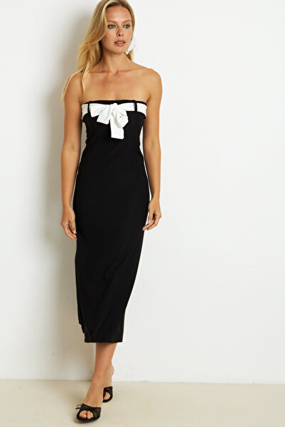 Cool & Sexy Kadın Siyah Kontrast Kemerli Maxi Elbise EY2826