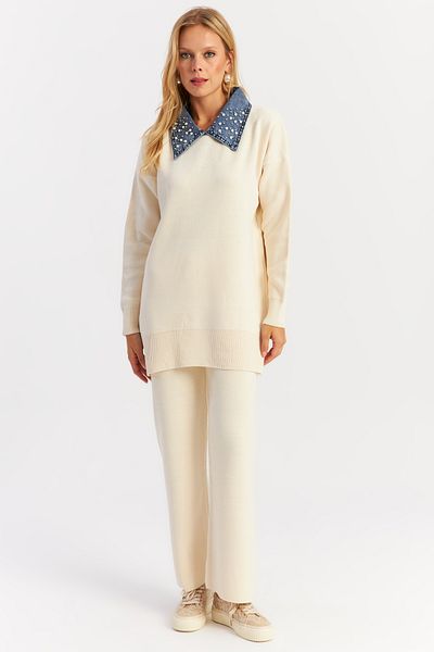 Cool & Sexy Ecru Denim Collared Women's Knitwear Set - Pearl Bottom and Top Set Nuv22