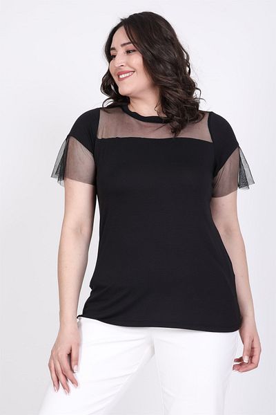 MYLİNE T-Shirt with Tulle Detail on Front and Sleeves