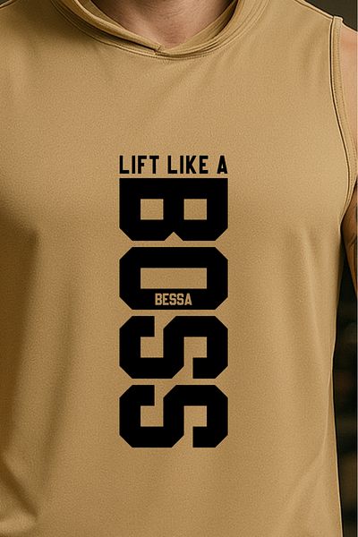 BESSA Men's Lift Like Printed Beige Oversize Crew Neck Cotton Hooded Sleeveless Sports Tank Top/Tshirt