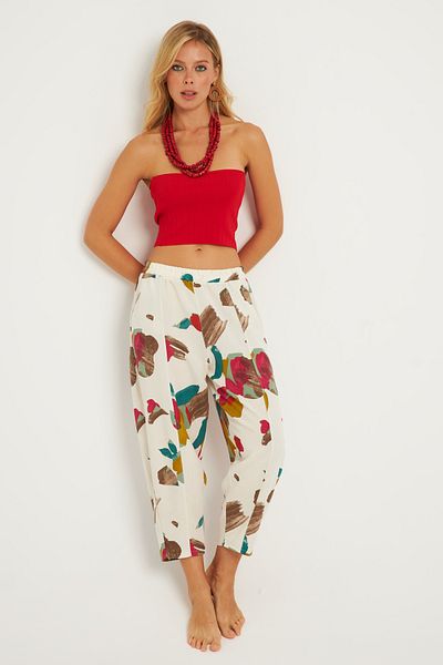 Cool & Sexy Ecru-Fuchsia Patterned Linen Women's Baggy Trousers - K1253