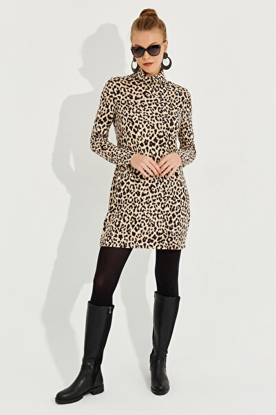 Cool & Sexy Női teve-fekete puha leopárd miniruha AYD253