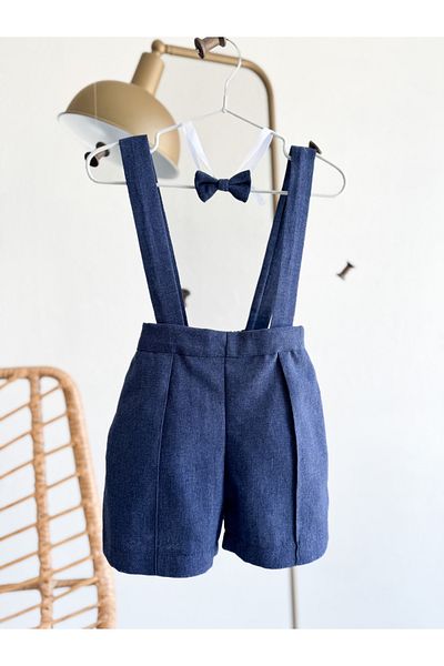 Sis and Bro Denim Blue Color Shorts Salopet with Bow Tie Gift