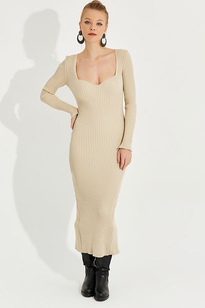Cool & Sexy Rochie midi tricotaje de damă, vanilie, cu decolteu cu inimă YEL221385