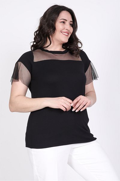 MYLİNE T-Shirt with Tulle Detail on Front and Sleeves
