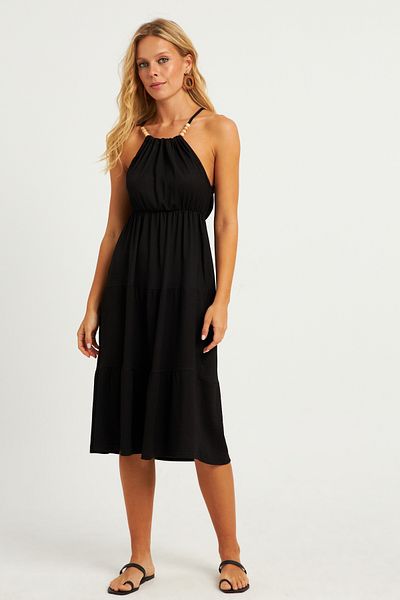 Cool & Sexy Damska czarna sukienka midi z koralikami, szczegółowo owinięta HO52
