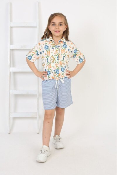 Yalçınoğlu Kids Kız Çocuk Çiçek Desenli Gömlek ve Çizgili Şort Takım -Yazlık Kız Kombin Poplin Gömlek ve Gofre Şort